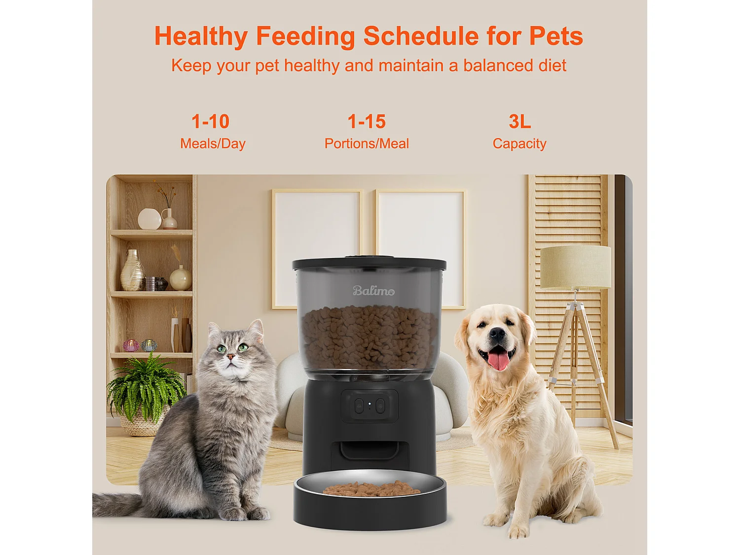 Balimo 3L Distributeur Croquettes Chat Automatique 2.4G WiFi, 1-10 Repas par Jour, Noir