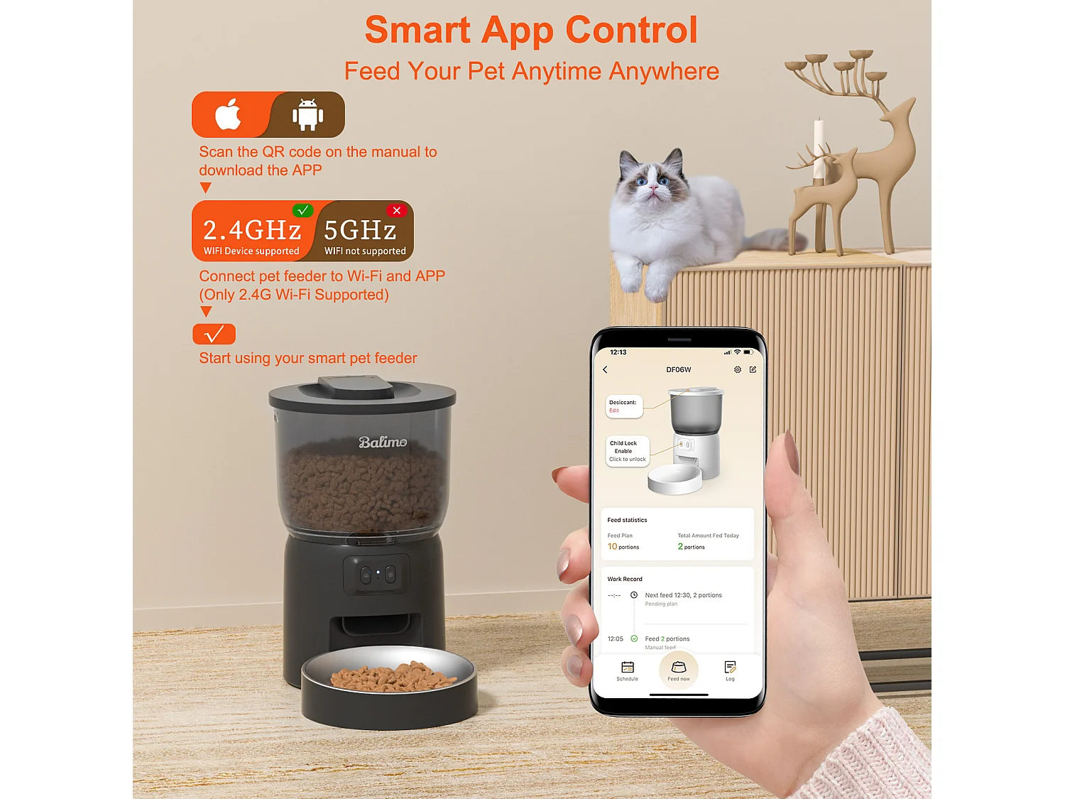 Balimo 3L Distributeur Croquettes Chat Automatique 2.4G WiFi, 1-10 Repas par Jour, Noir