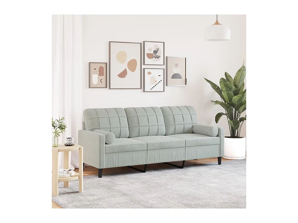 Divano a 3 Posti con Cuscini Grigio Chiaro 180 cm in Velluto