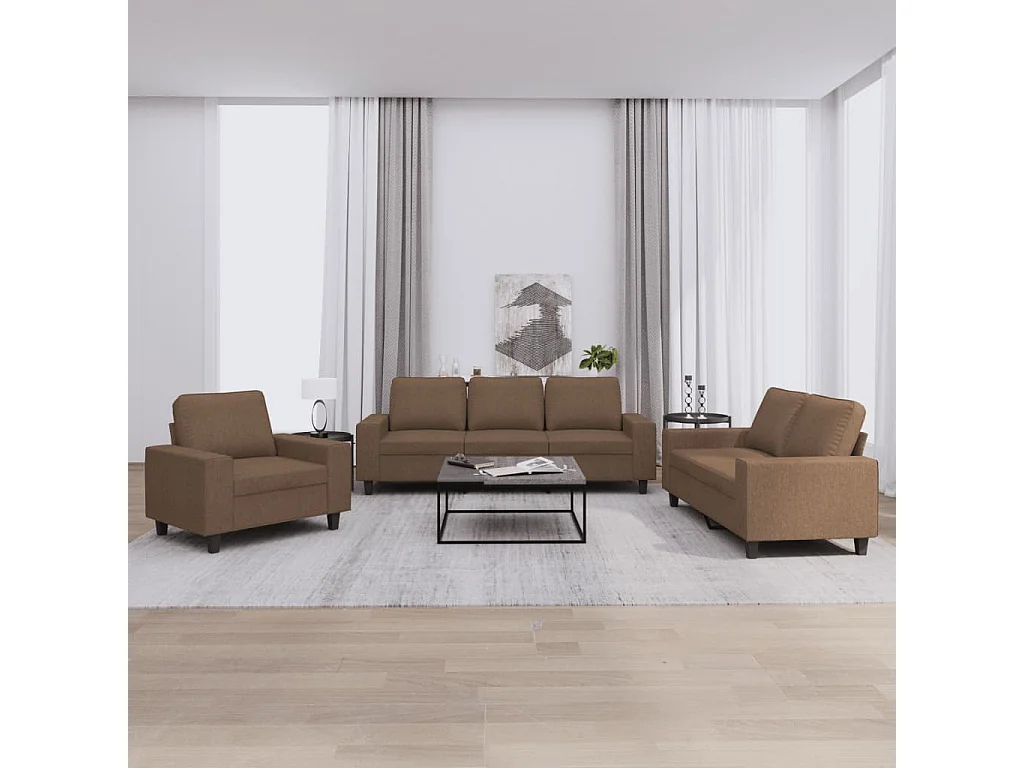Set di Divani 3 pz Marrone in Tessuto