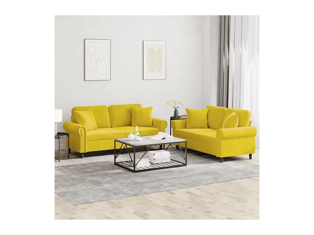 Ensemble de canapés 2 pcs avec coussins jaune velours