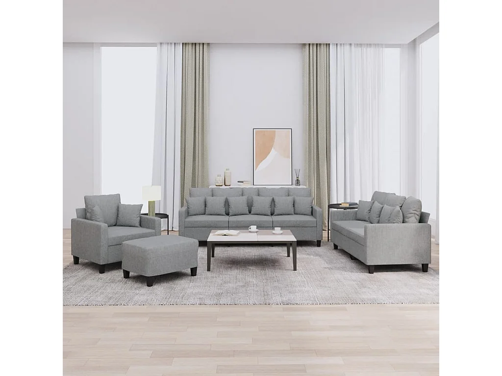 Set Divani 4 pz con Cuscini Grigio Chiaro in Tessuto