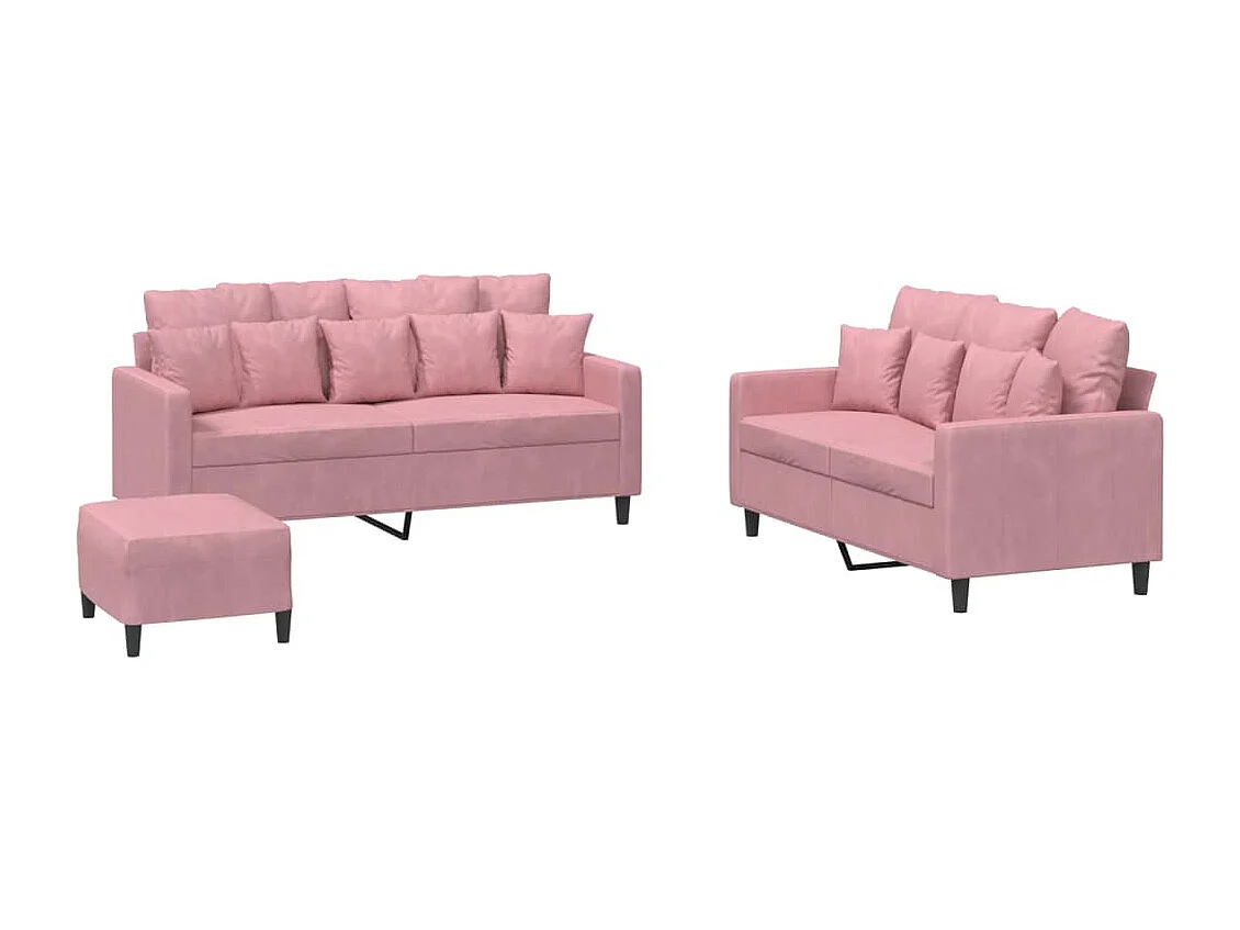 3-tlg. Sofagarnitur mit Kissen Rosa Samt