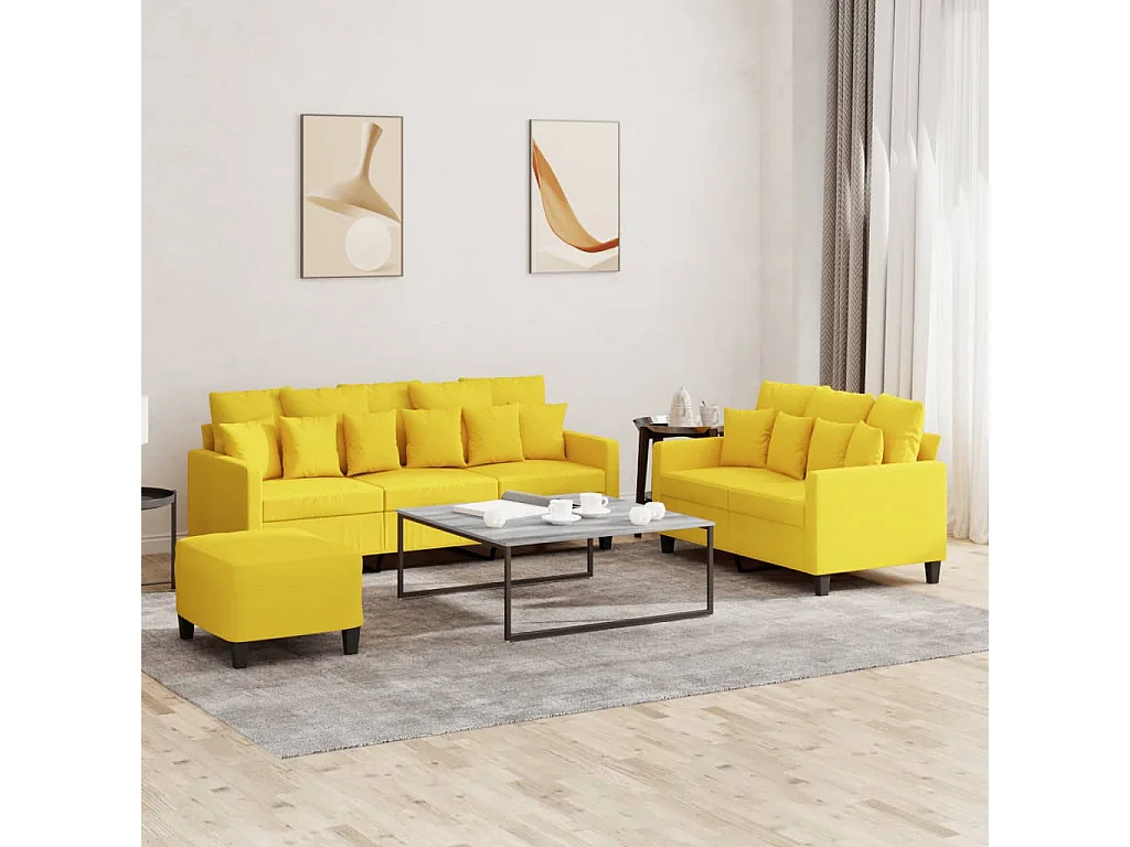 Set di Divani 3 pz con Cuscini Giallo Chiaro in Tessuto