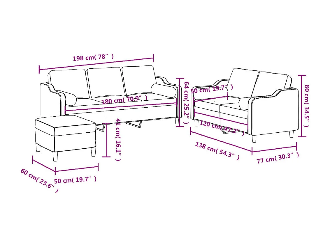 3-delige Loungeset met kussens stof zwart