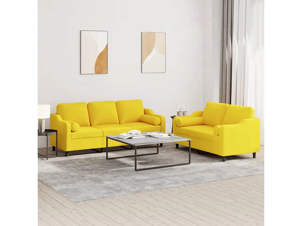 Ensemble de canapés 2 pcs avec coussins jaune clair tissu