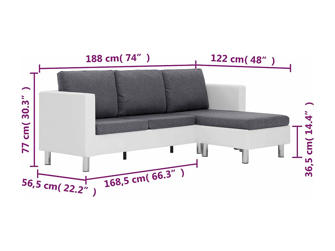 Canapé à 3 places avec coussins blanc similicuir