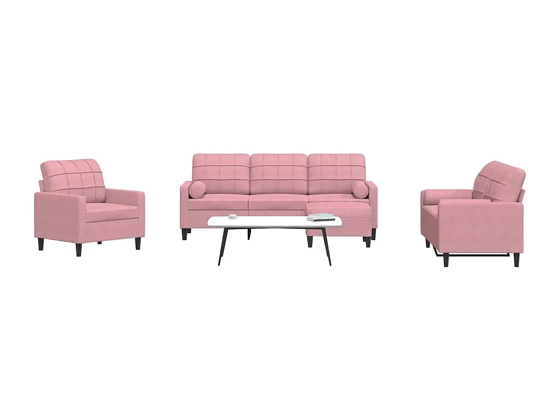 4-tlg. Sofagarnitur mit Kissen und Nackenrollen Rosa Samt