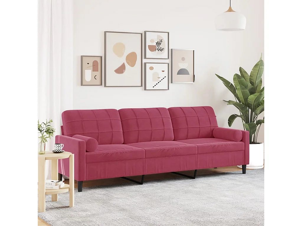 Canapé 3 places avec oreillers bordeaux 210 cm velours