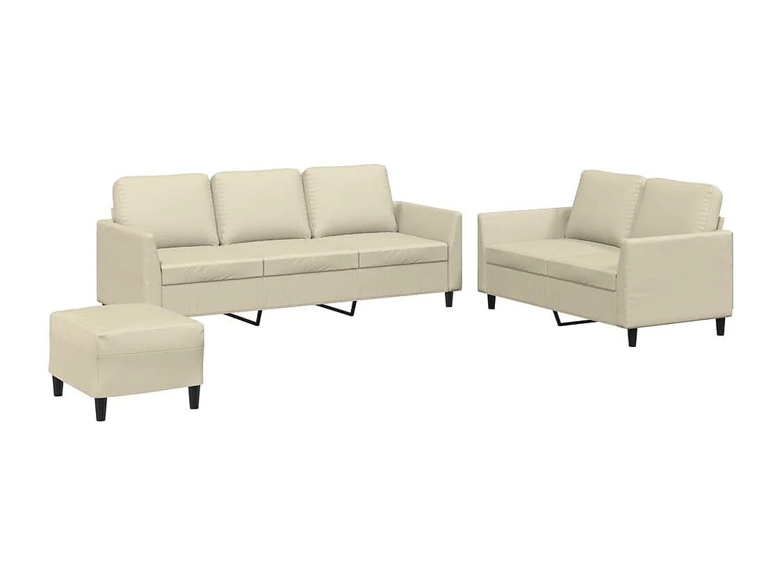 3 pcs conjunto sofás c/ almofadões couro artificial cor creme