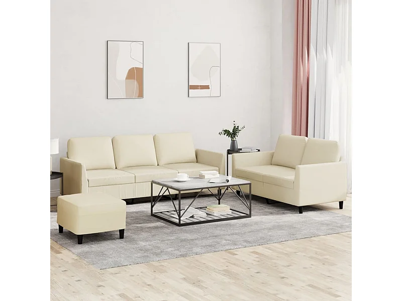 3 pcs conjunto sofás c/ almofadões couro artificial cor creme