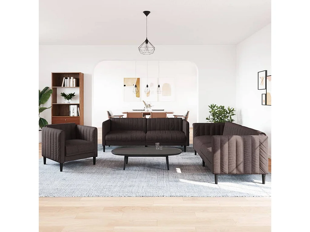 Set di Divani 3 pz Marrone Scuro in Tessuto
