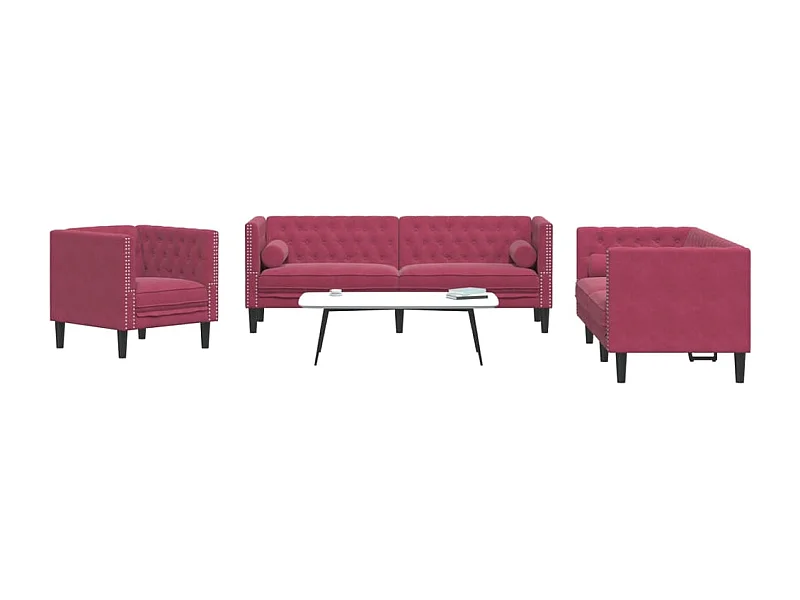 Set Divani Chesterfield 3pz con Cuscini Rosso Vino Velluto