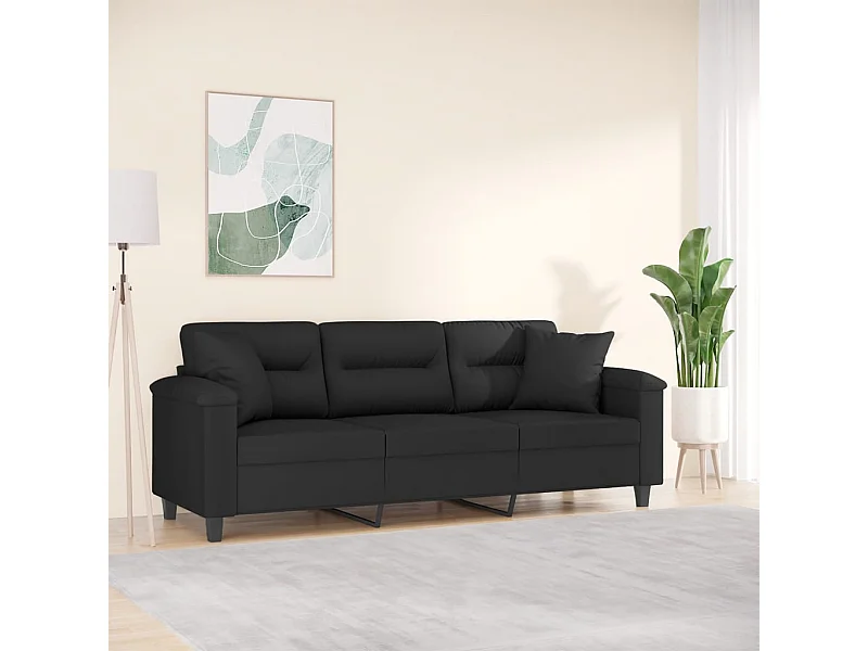 Sofá 3 lugares c/ almofadas 180 cm microfibra preto
