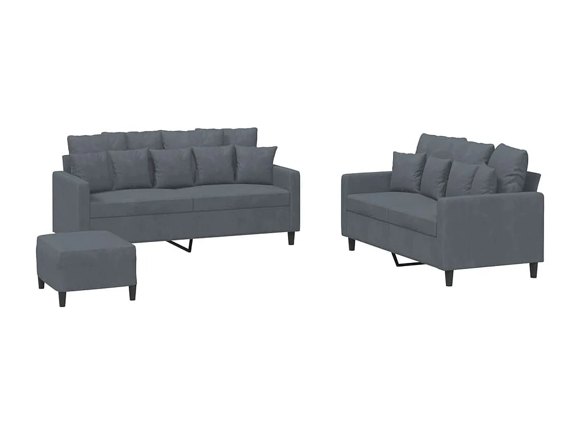 Set di Divani 3 pz con Cuscini Grigio Scuro in Velluto