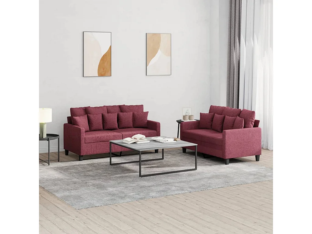 Set di Divani 2 pz con Cuscini Rosso Vino in Tessuto