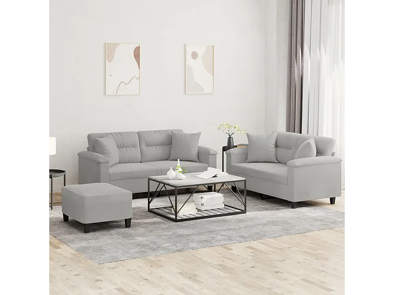 3 pcs conjunto sofás c/ almofadas tecido microfibra cinza-claro