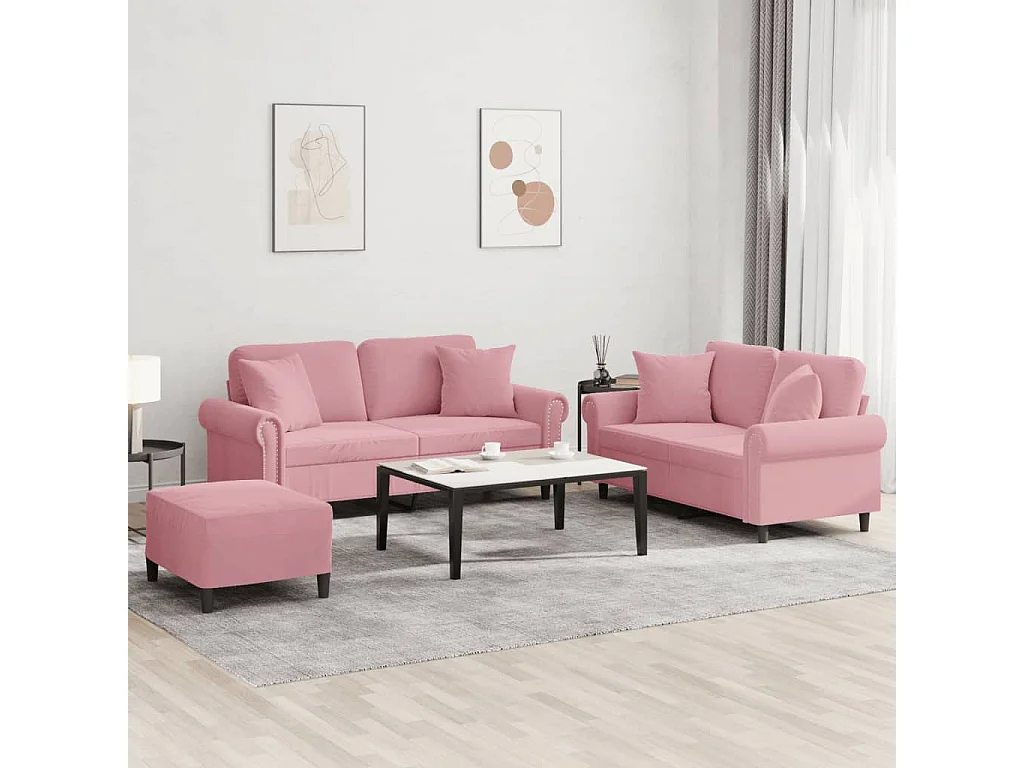 Set di Divani 3 pz con Cuscini Rosa in Velluto