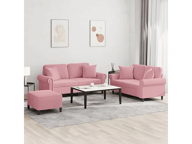Set di Divani 3 pz con Cuscini Rosa in Velluto