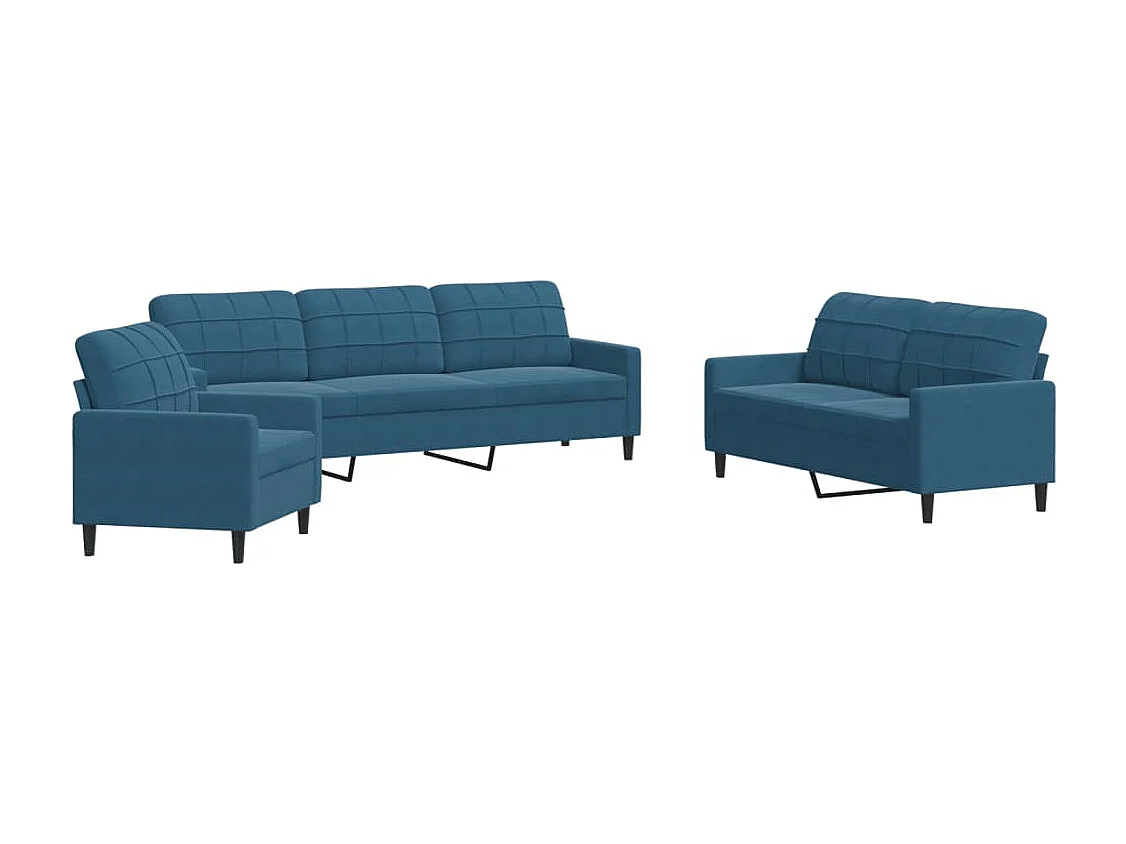 Set di Divani 3 pz con Cuscini Blu in Velluto