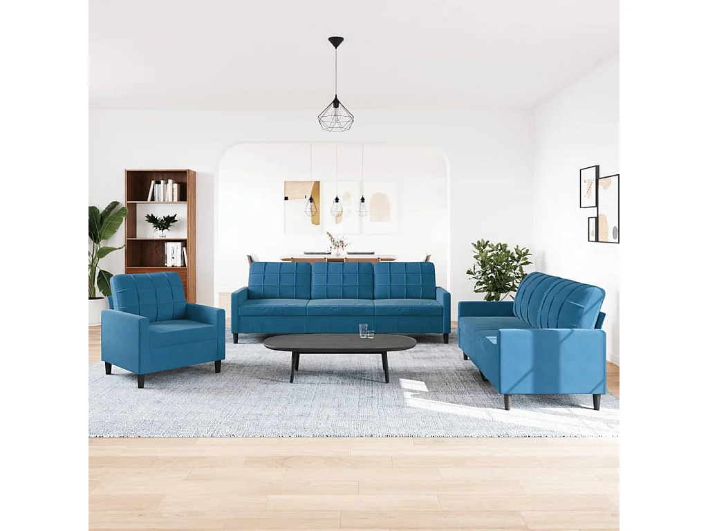 Set di Divani 3 pz con Cuscini Blu in Velluto