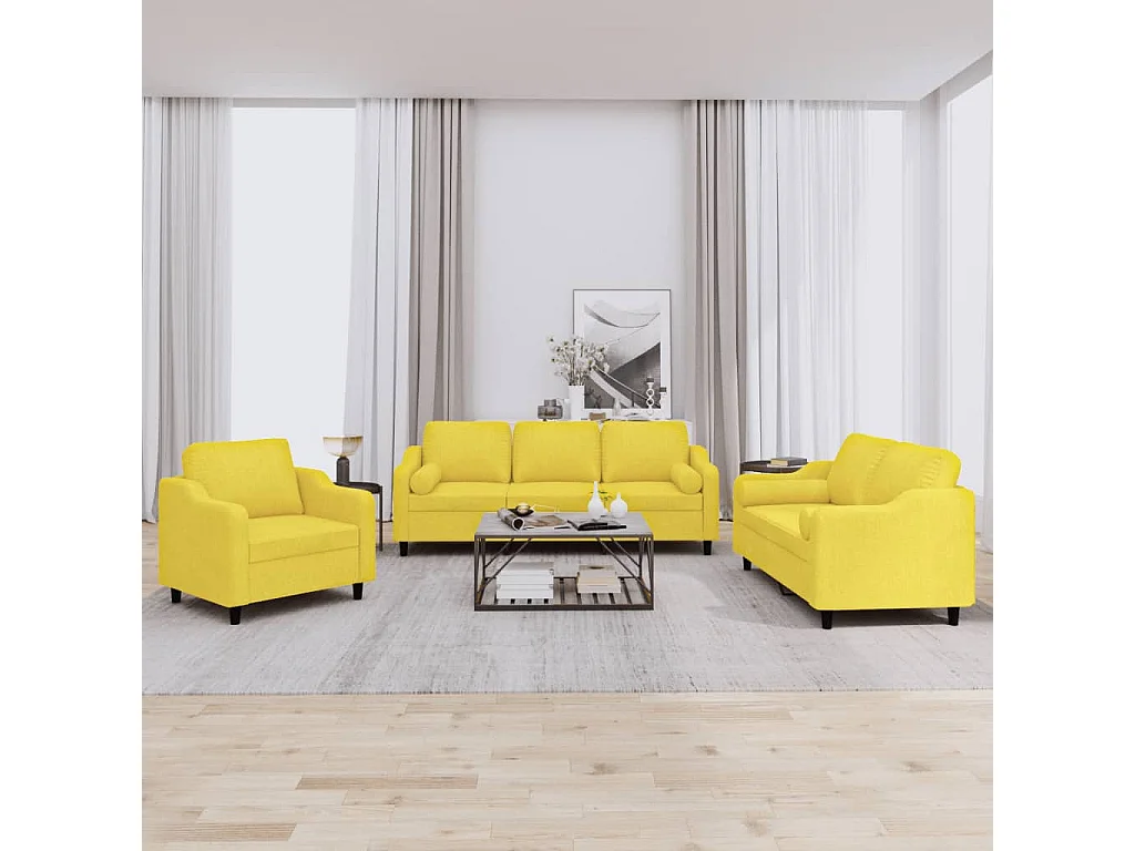 Ensemble de canapés 3 pcs avec coussins jaune clair tissu