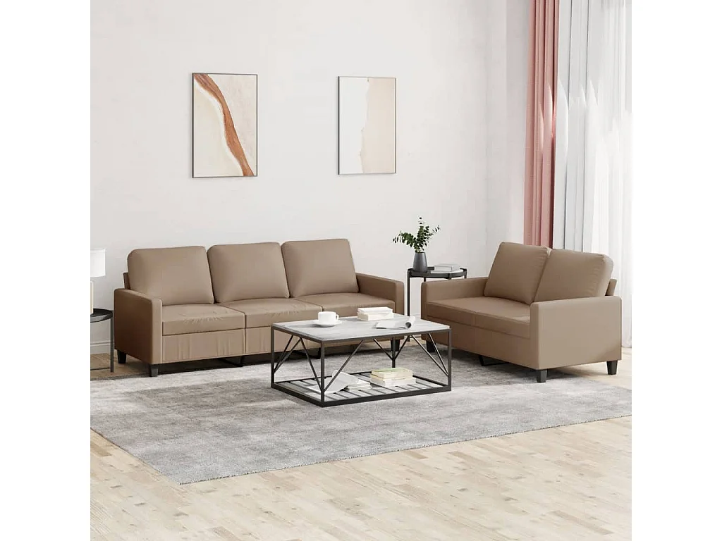 2-tlg. Sofagarnitur mit Kissen Cappuccino-Braun Kunstleder