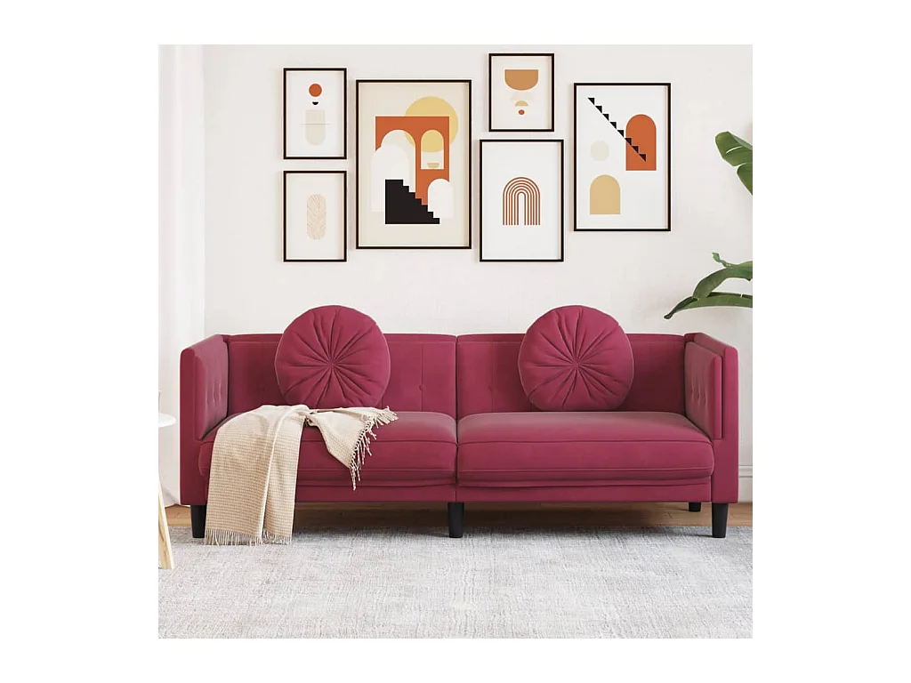 Sofa mit Kissen 3-Sitzer Weinrot Samt