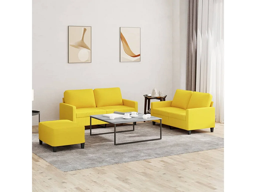 Set di Divani 3 pz con Cuscini Giallo Chiaro in Tessuto