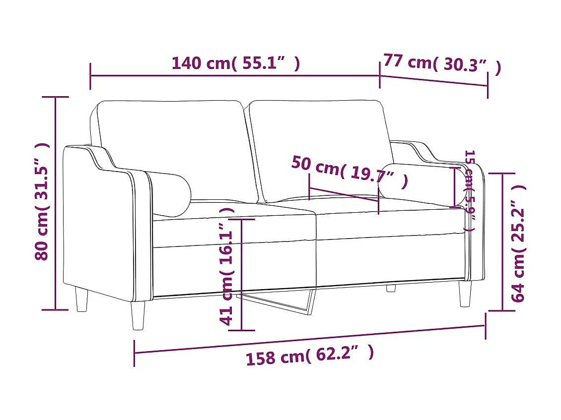 Canapé 2 places avec oreillers décoratifs crème 140 cm tissu