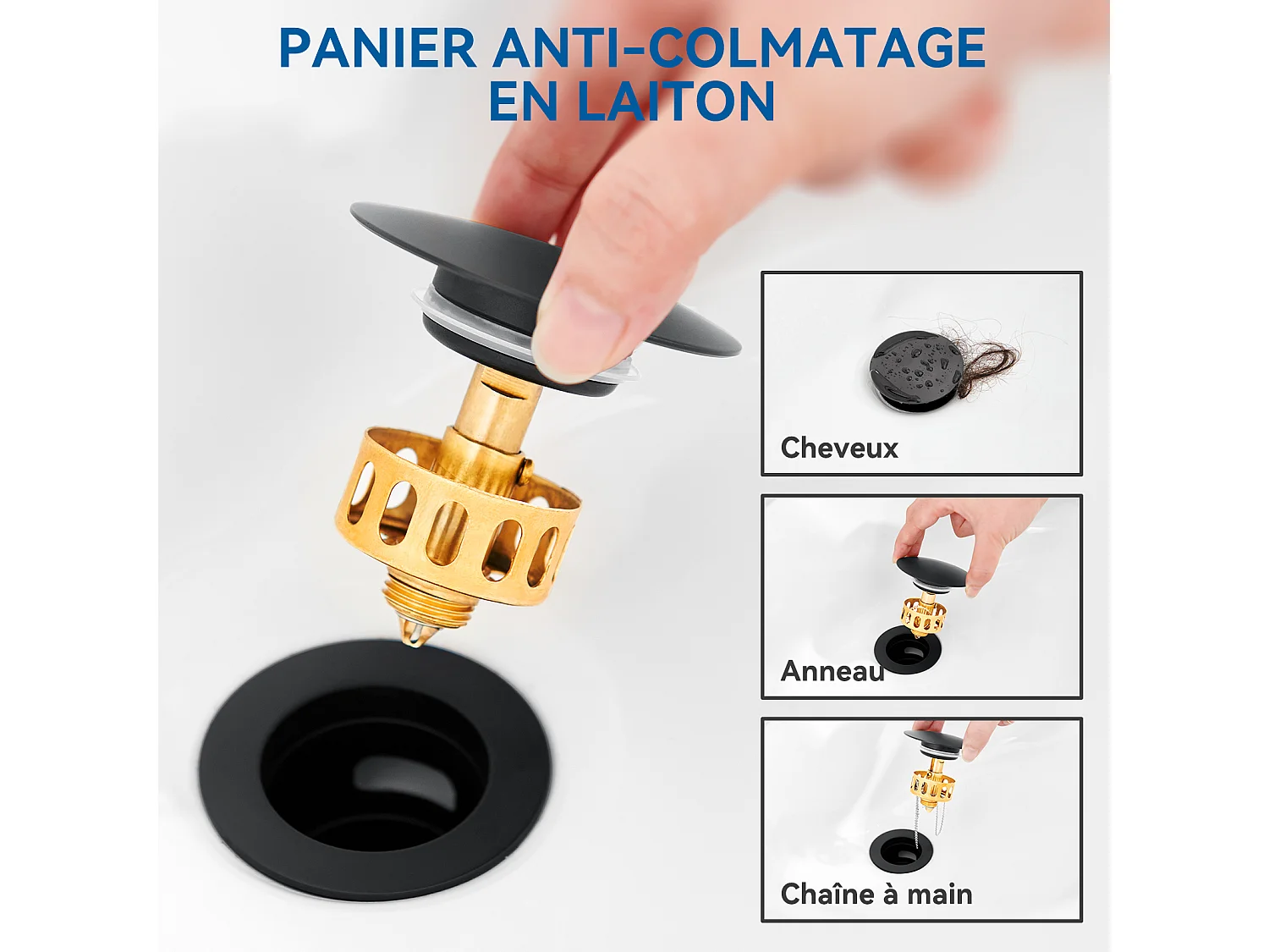 Auralum max Bonde de Lavabo Universelle avec Trop-Plein,Valve Pop-Up pour lavabo-Bonde d'écoulement en laiton (Noir, avec Panier à Crépine)