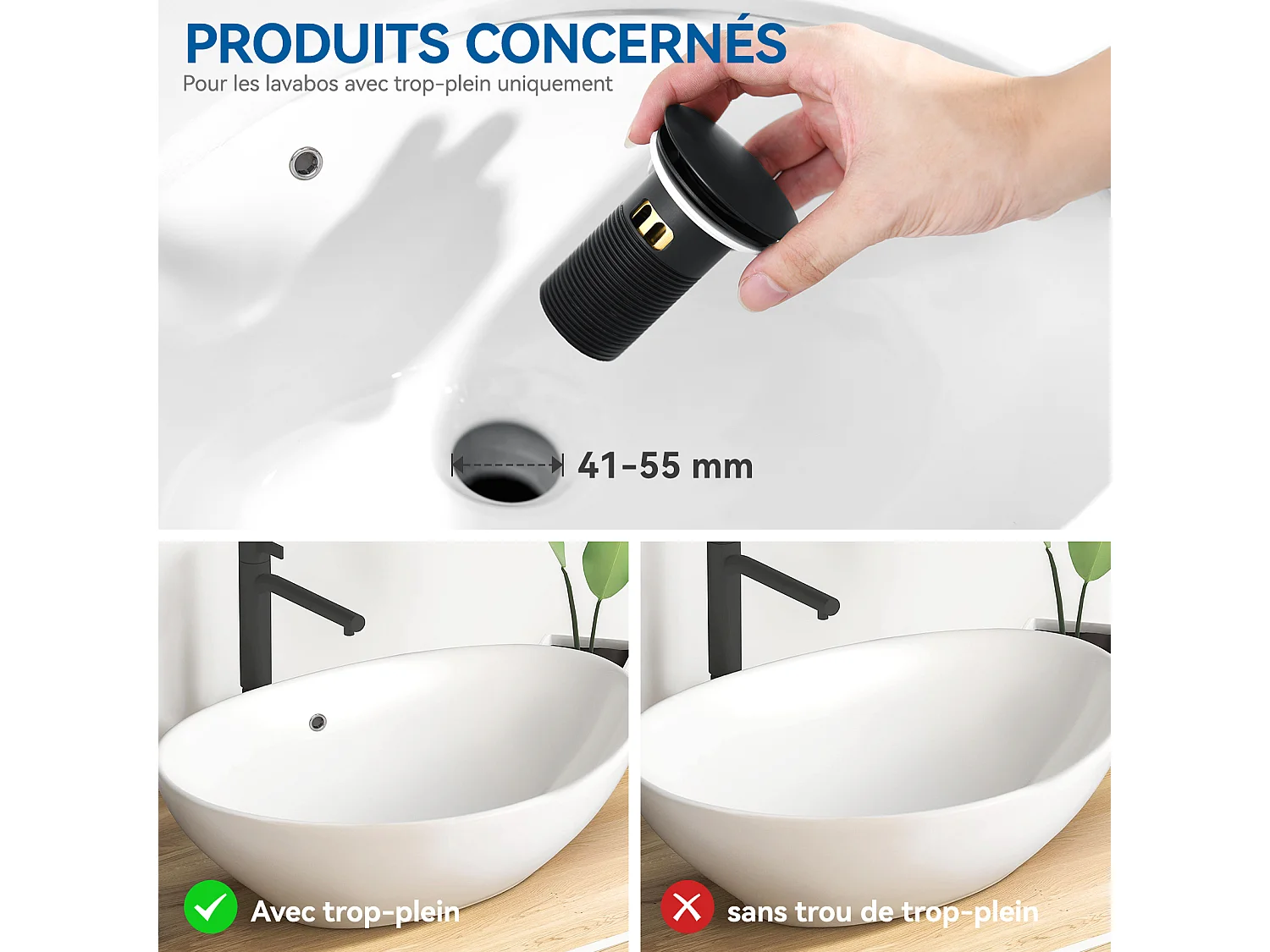 Auralum max Bonde de Lavabo Universelle avec Trop-Plein,Valve Pop-Up pour lavabo-Bonde d'écoulement en laiton (Noir, avec Panier à Crépine)