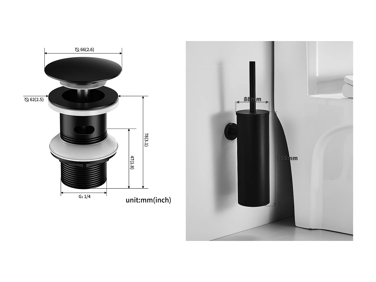 Waschbeckenablauf Pop-Up Ablaufgarnitur mit automatischem Überlauf Universal + WC-Bürste Wand-WC mit Bürstenhalter, Edelstahl, Schwarz