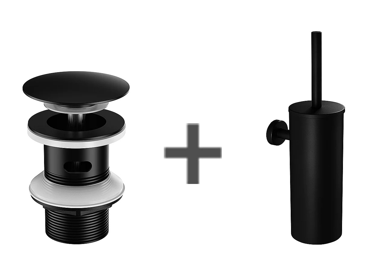 Bonde de Lavabo Bonde Pop-up avec Trop-plein Automatique Universelle+Brosse Toilettes WC Suspendu avec Support de Brosse,  Acier INOX,Noir