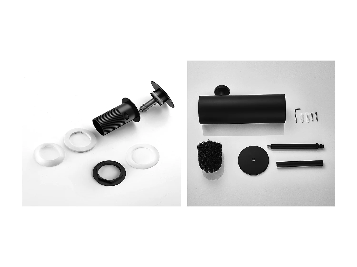 Desagüe de Lavabo Desagüe Pop-up con Desbordamiento Automático Universal+Cepillo WC Suspendido con Soporte de Cepillo, Acero INOX,Negro