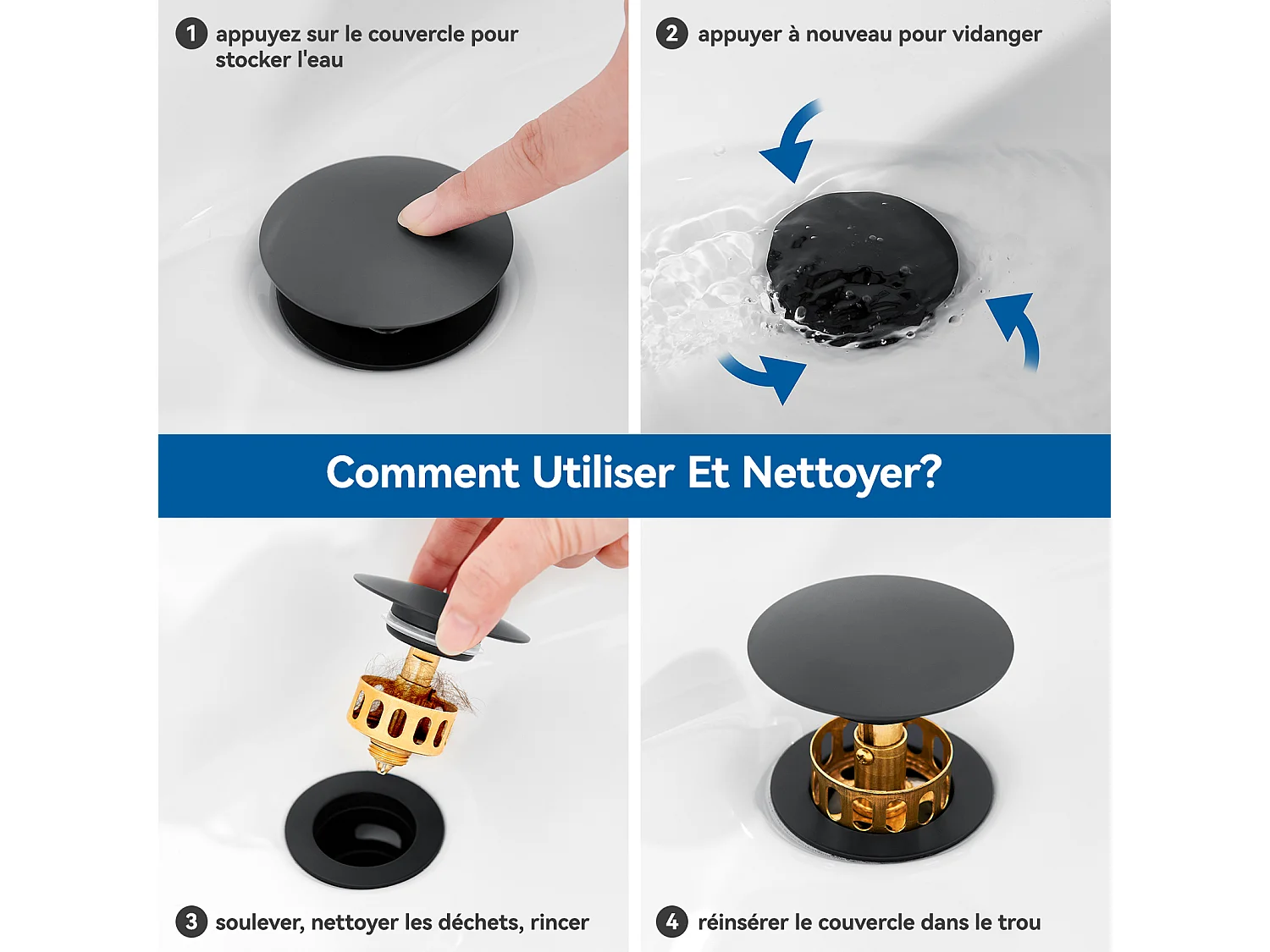 Auralum max Bonde de Lavabo Pop Up Avec Trop Plein,Bouchon Vidange avec Panier à Crépine,Bonde Vidage en Laiton/Inox pour Lavabo de Salle Bain ,Noir