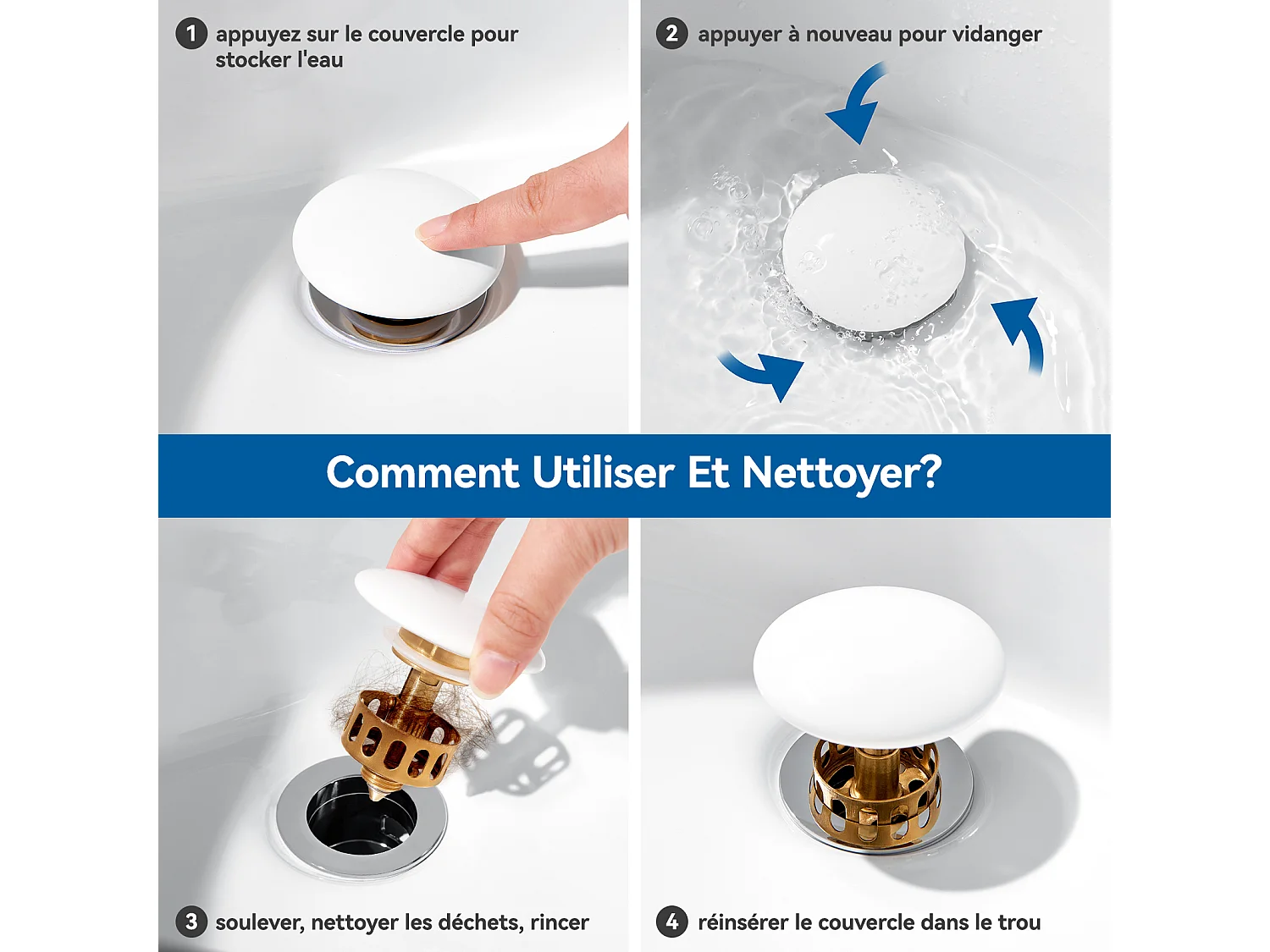 Auralum max Bonde Lavabo avec Trop Plein,Bonde Lavabo Salle Bain avec Couvercle Céramique,avec Filtre Anti-Clogging,Universelle Standard-G 1 ¼, Blanc