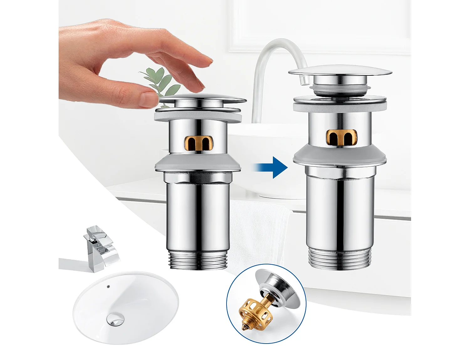 Auralum max Bonde de Lavabo Universelle avec Trop-Plein,Valve Pop-Up pour lavabo-Bonde d'écoulement en laiton (Chromé, avec Panier à Crépine)