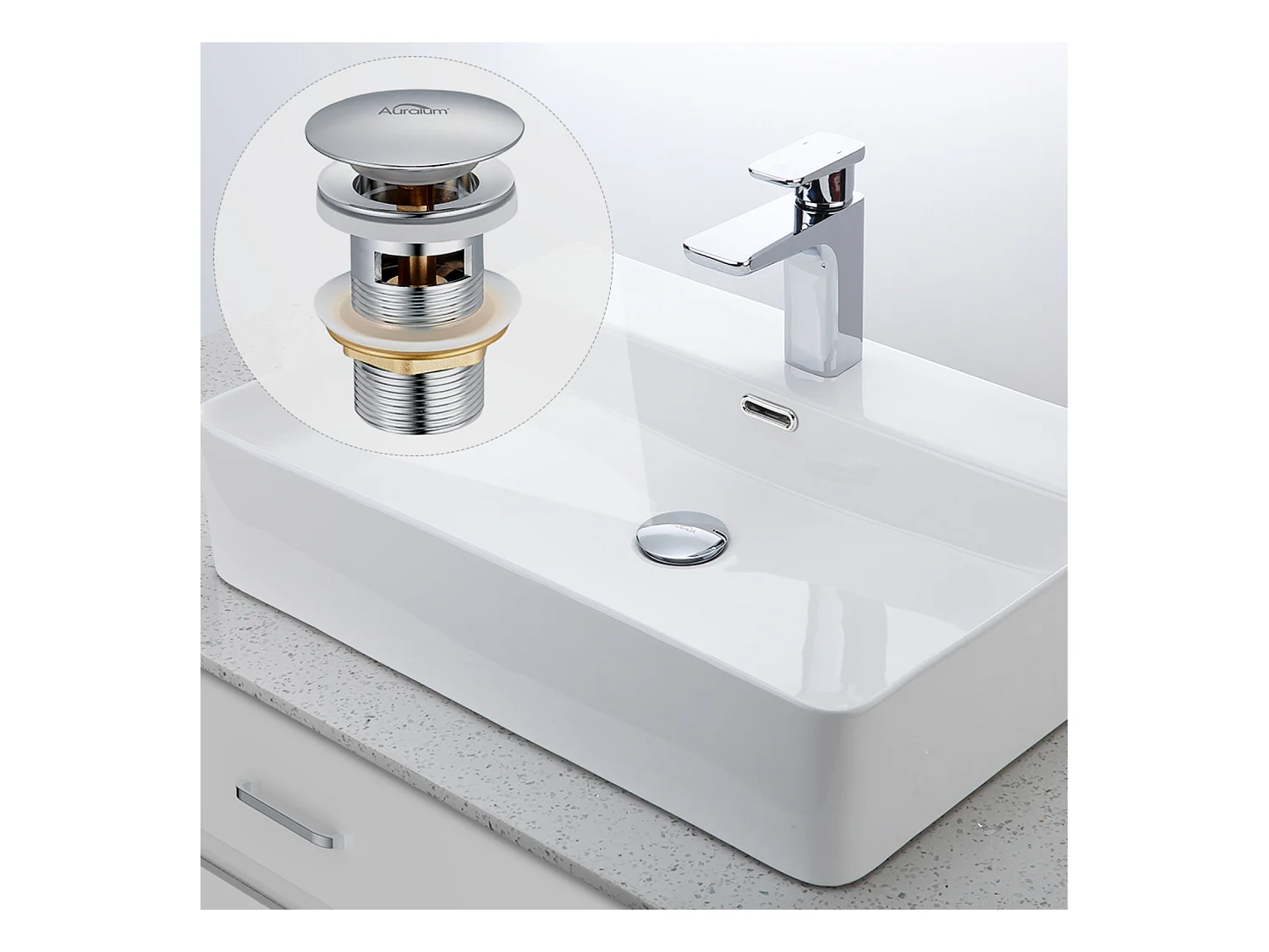AuraLum Max Scarico del lavabo con troppo pieno, scarico di scarico LavAbo, Soffio Lavabo Pop Up, Cappo Lavabo Universale, Cromato,Modello UE