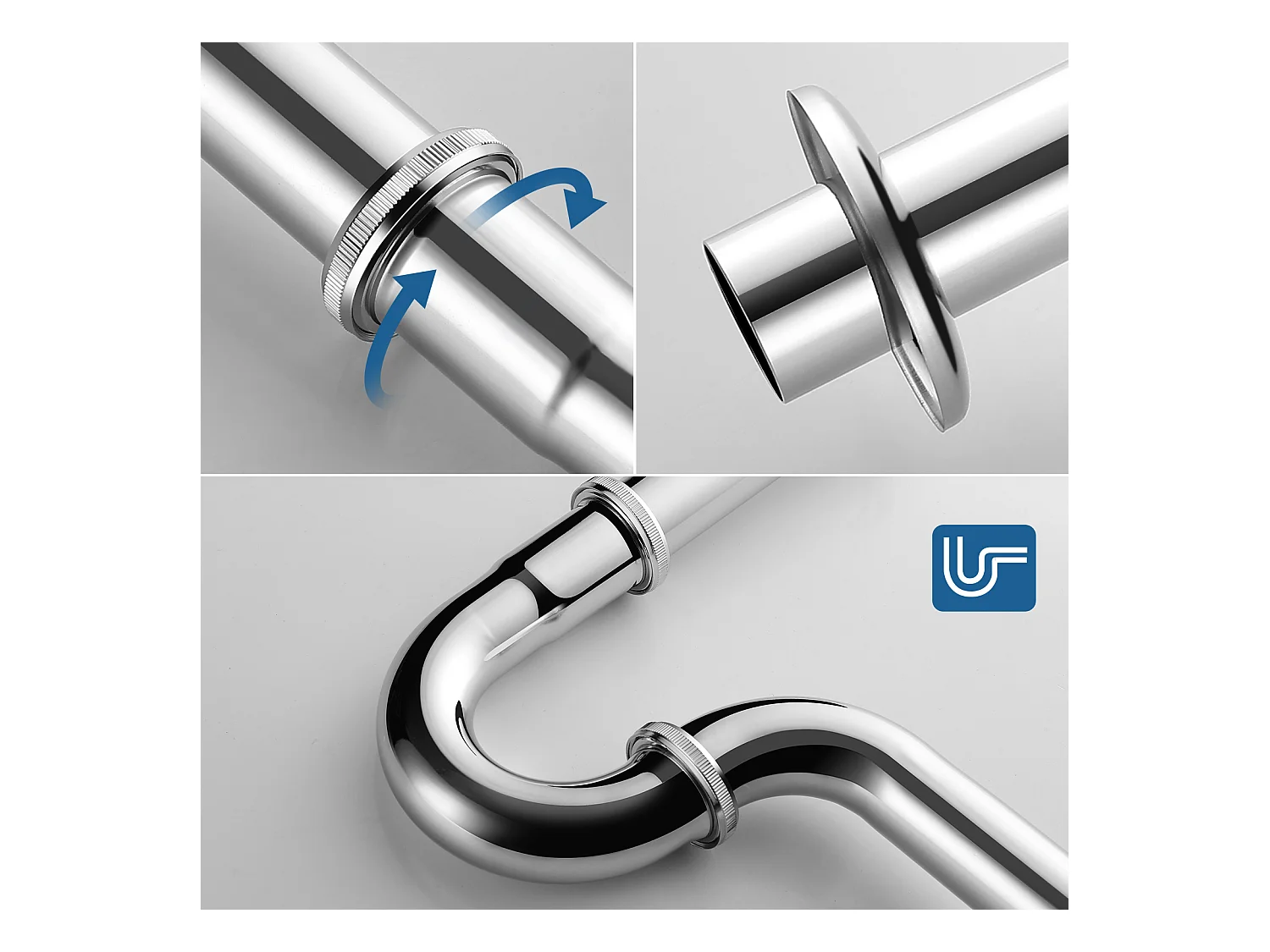 AuraLum Max Universal-Rohr-Waschbeckensiphon, 32 mm Durchmesser, Chrom, Geruchsneutralisierender Abflusssiphon für Küche und Bad, EU-Modell