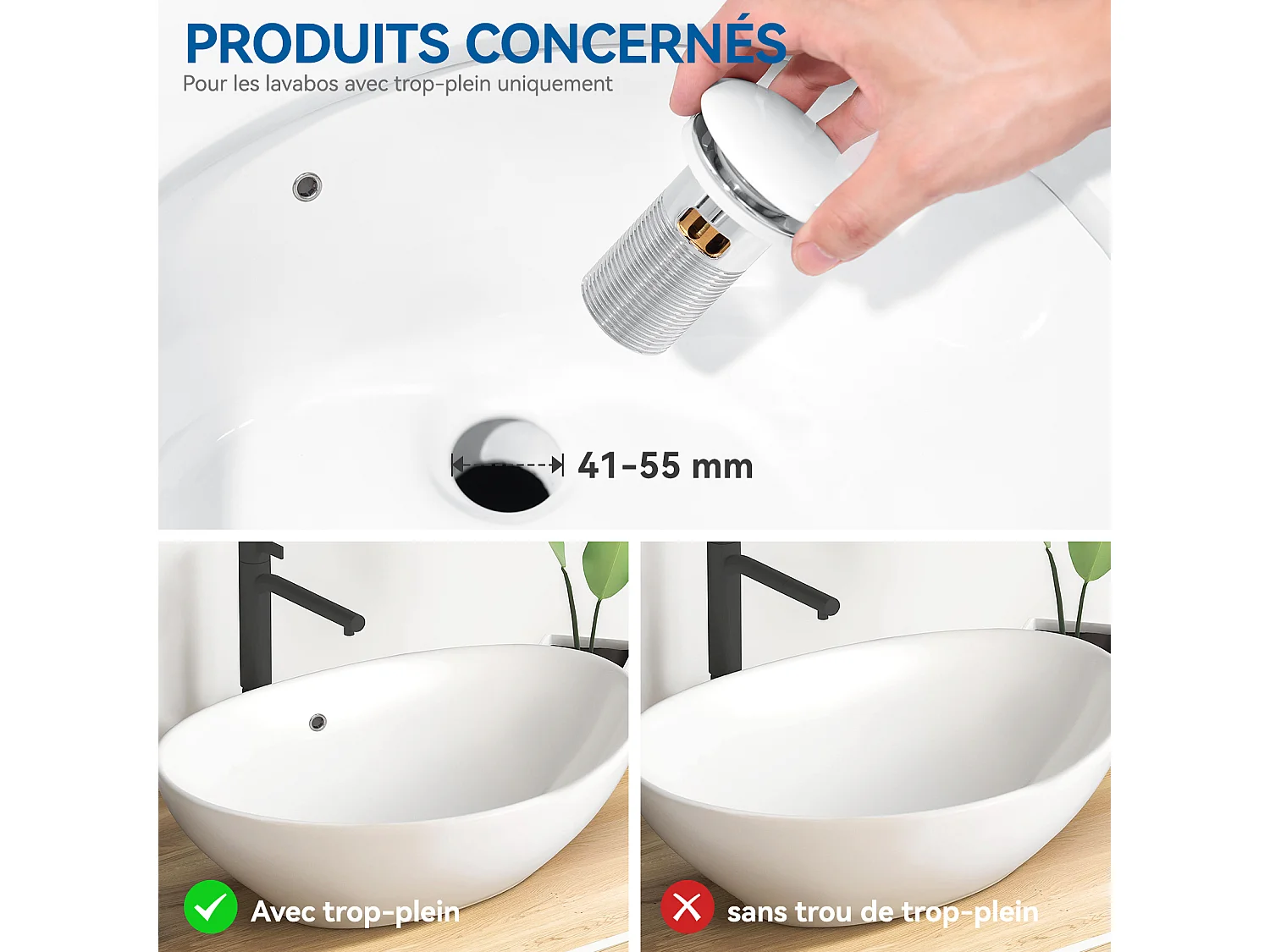 Auralum max  Bonde Lavabo Universel Pop Up avec Filtre Anti-Clogging,Bonde Lavabo Salle Bain avec Trop Plein,avec Couvercle Céramique,Blanc