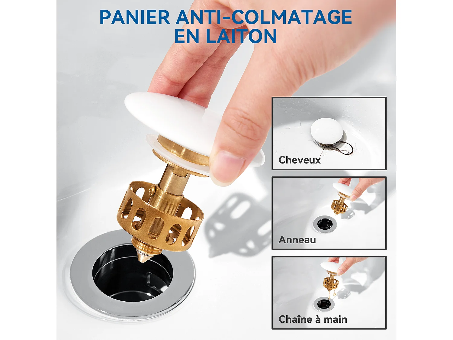 Auralum max  Bonde Lavabo Universel Pop Up avec Filtre Anti-Clogging,Bonde Lavabo Salle Bain avec Trop Plein,avec Couvercle Céramique,Blanc