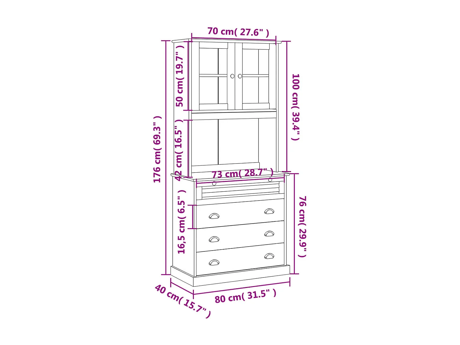 Buffet haut VIGO 80x40x176 cm bois massif de pin