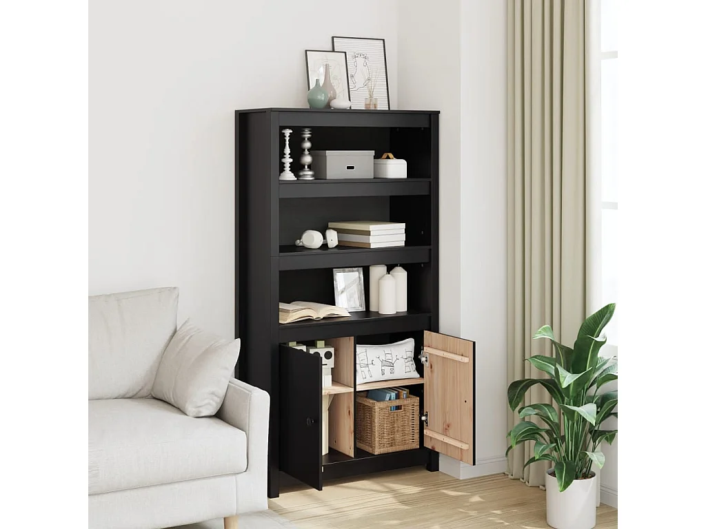 Credenza Nera 80x35x154 cm in Legno Massello di Pino