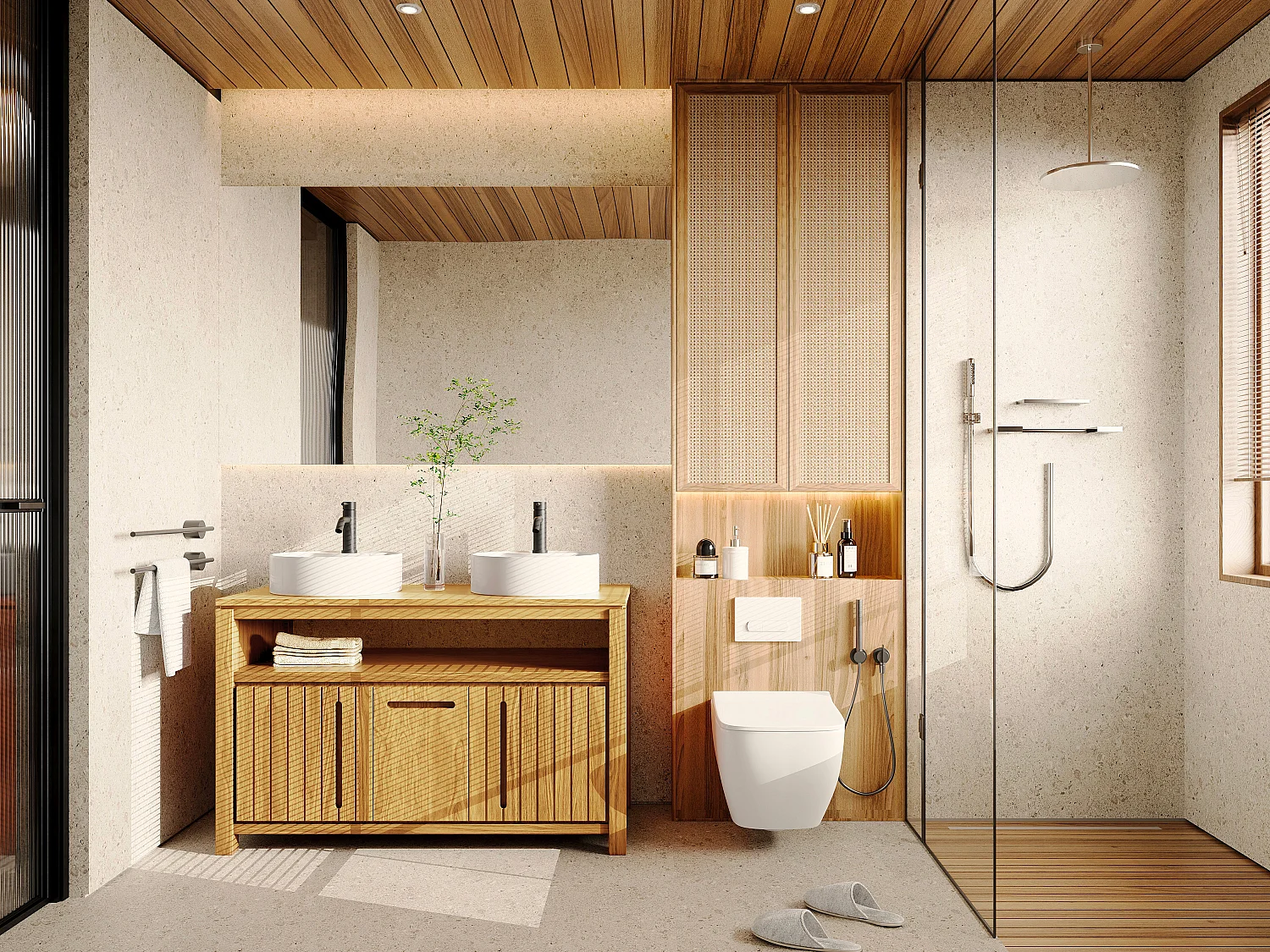 Meuble de salle de bain en teck clair avec double vasque ronde - 120 cm - SARATOK