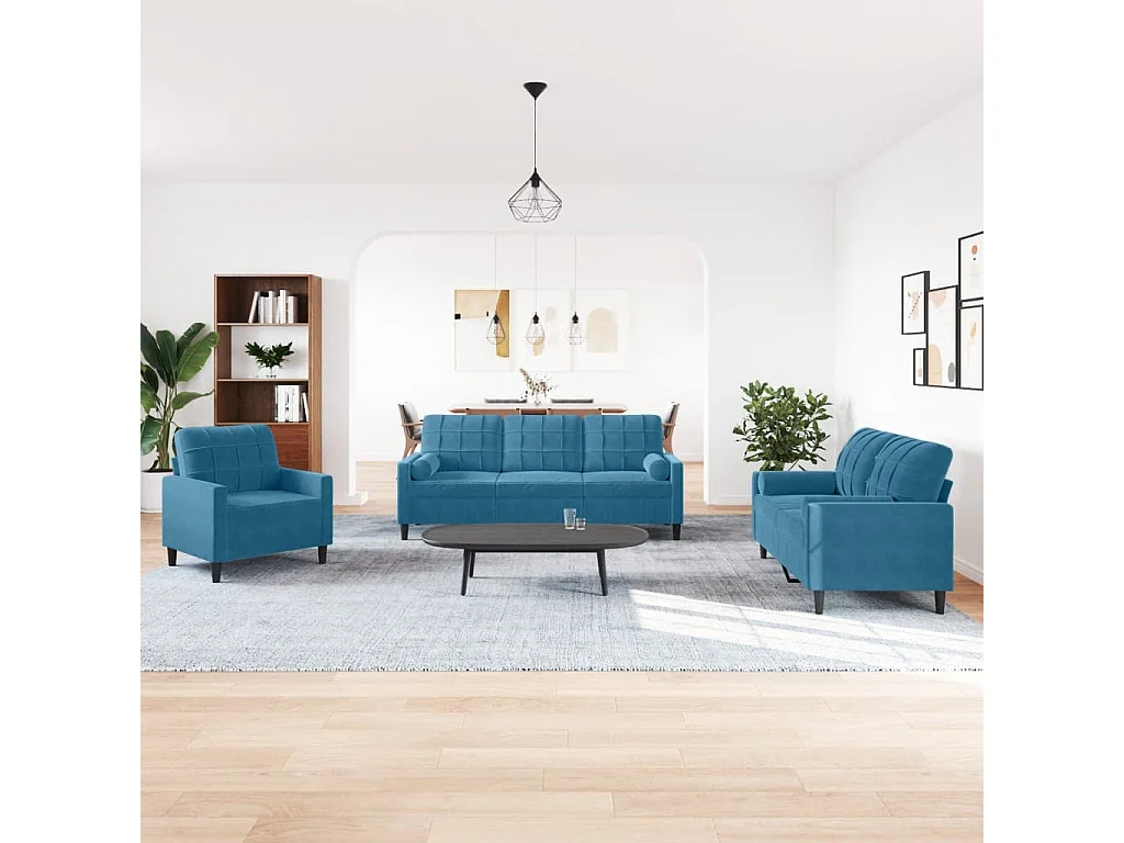 Set di Divani 3 pz con Cuscini e Rinforzi Blu in Velluto