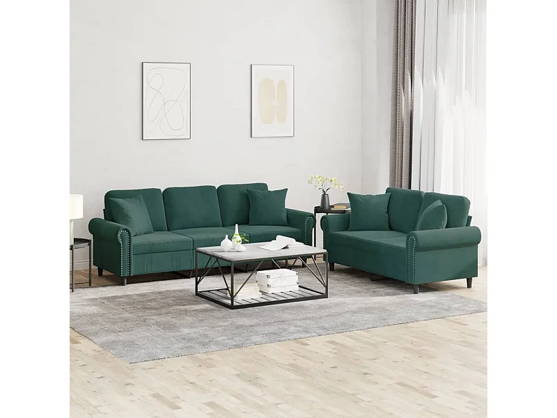 Ensemble de canapés 2 pcs avec coussins vert foncé velours
