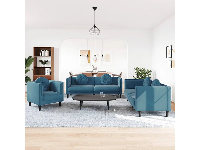 3 pcs conjunto de sofás com almofadas veludo azul