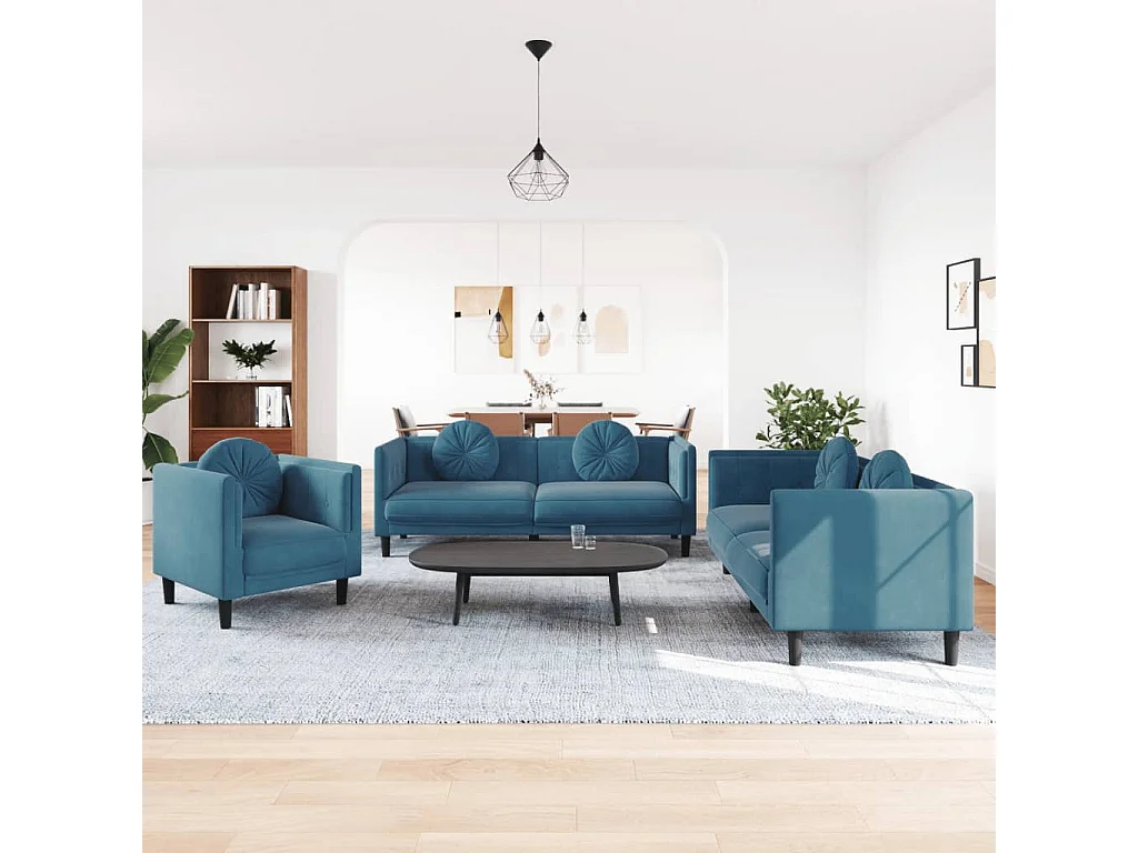 Set di Divani 3 pz con Cuscini Blu in Velluto