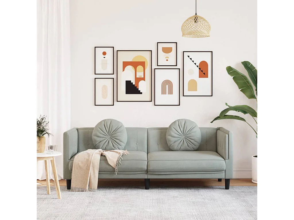 Divano a 3 Posti con Cuscini Grigio Chiaro in Velluto